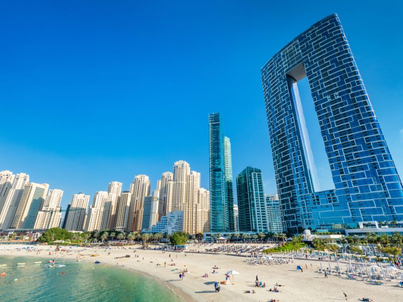 Dubai jumeirah beach with marina skyscrapers in UAE. Popular public JBR beach